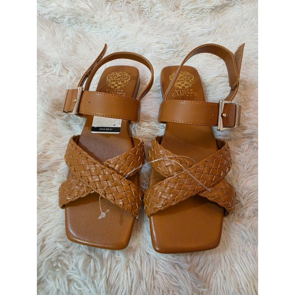 NWT Vince Camuto Stiorra Braided Strappy Flat Sandals Tan Cognac Size 7.5M